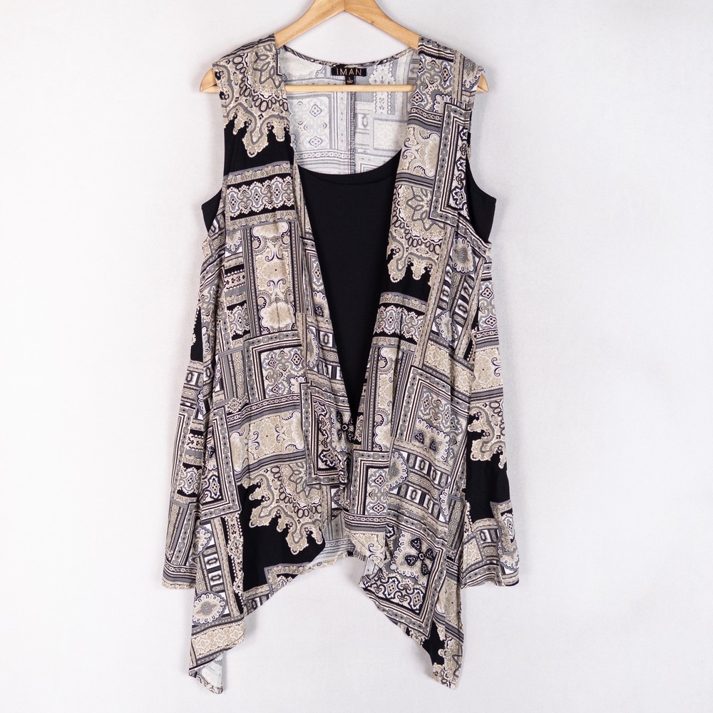 IMAN Womens Tank Top Large Black Tan Paisley Geometric Open Front Layered Draped